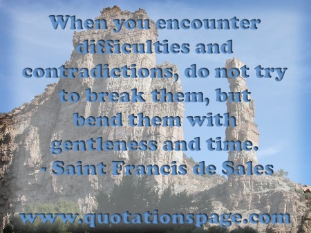 When you encounter difficulties and contradictions, do not try to break them, but bend them with gentleness and time. Saint Francis de Sales from The Quotations Page